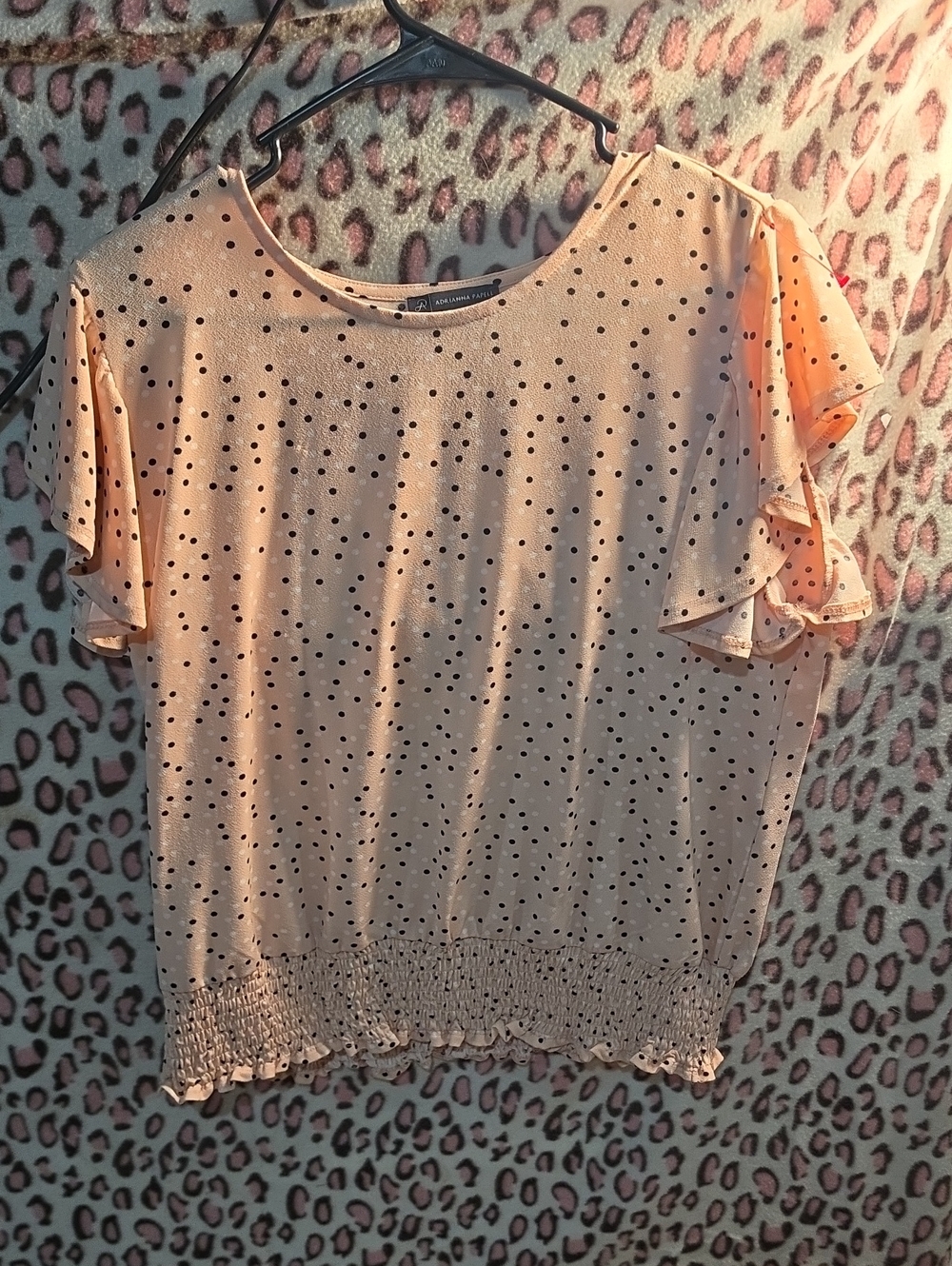 Adrianna Papell Peach Polka Dot Ruffle Sleeve Top